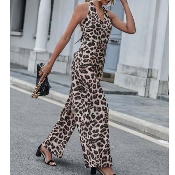 Leopard Aniaml Print Tie Backless Wide Leg Halter Jumpsuit Contemporary - Picture 2 of 6